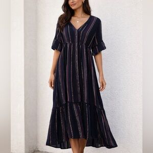 Sundry Navy Striped Button-Front Cotton Maxi Dress